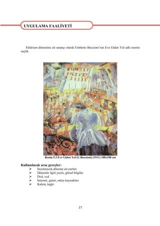 UYGULAMA FAALİYETİ




    Fütürizm dönemine ait sanatçı olarak Umberto Boccioni’nin Eve Giden Yol adlı eserini
seçtik.
UYGULAMA FAALİYETİ




                  Resim 5.3:Eve Giden Yol (U.Boccioni) (1911) 100x100 cm

Kullanılacak araç gereçler:
          İncelenecek döneme ait eserler
          Dönemle ilgili yazılı, görsel bilgiler
          Dvd, vcd
          İnternet, galeri, müze kaynakları
          Kalem, kağıt




                                             37
 