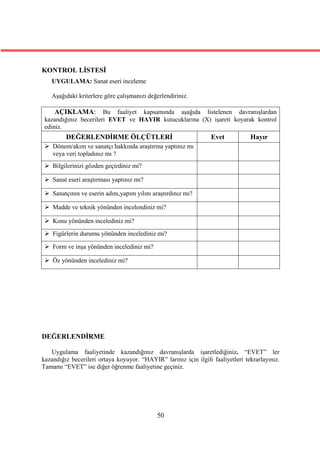 KONTROL LİSTESİ
   UYGULAMA: Sanat eseri inceleme

   Aşağıdaki kriterlere göre çalışmanızı değerlendiriniz.

     AÇIKLAMA: Bu faaliyet kapsamında aşağıda listelenen davranışlardan
 kazandığınız becerileri EVET ve HAYIR kutucuklarına (X) işareti koyarak kontrol
 ediniz.
         DEĞERLENDİRME ÖLÇÜTLERİ                                  Evet           Hayır
  Dönem/akım ve sanatçı hakkında araştırma yaptınız mı
   veya veri topladınız mı ?
  Bilgilerinizi gözden geçirdiniz mi?

  Sanat eseri araştırması yaptınız mı?

  Sanatçının ve eserin adını,yapım yılını araştırdınız mı?

  Madde ve teknik yönünden incelendiniz mi?

  Konu yönünden incelediniz mi?
  Figürlerin durumu yönünden incelediniz mi?

  Form ve inşa yönünden incelediniz mi?

  Öz yönünden incelediniz mi?




DEĞERLENDİRME

   Uygulama faaliyetinde kazandığınız davranışlarda işaretlediğiniz. “EVET” ler
kazandığız becerileri ortaya koyuyor. “HAYIR” larınız için ilgili faaliyetleri tekrarlayınız.
Tamamı “EVET” ise diğer öğrenme faaliyetine geçiniz.




                                             50
 