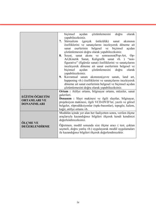 biçimsel açıdan çözümlemesini doğru olarak
                     yapabileceksiniz.
                 7. Sürrealizm (gerçek üstücülük) sanat akımının
                     özelliklerini ve sanatçılarını inceleyerek döneme ait
                     sanat eserlerinin belgesel ve biçimsel açıdan
                     çözümlemesini doğru olarak yapabileceksiniz.
                 8. Soyut, sanat akımı ve sonrasının(Pop-Art, Op-
                     Art,Kinetik Sanat, Kaligrafik sanat vb. ) “non-
                     figurative” (figürsüz sanat) özelliklerini ve sanatçılarını
                     inceleyerek döneme ait sanat eserlerinin belgesel ve
                     biçimsel açıdan çözümlemesini doğru olarak
                     yapabileceksiniz.
                 9. Kavramsal sanatı akımının(çevre sanatı, land art,
                     happening vb.) özelliklerini ve sanatçılarını inceleyerek
                     döneme ait sanat eserlerinin belgesel ve biçimsel açıdan
                     çözümlemesini doğru olarak yapabileceksiniz.
                 Ortam : Atölye ortamı, bilgisayar ortamı, müzeler, sanat
                 galerileri.
EĞİTİM ÖĞRETİM
                 Donanım : Slayt makinesi ve ilgili slaytlar, bilgisayar,
ORTAMLARI VE
                 projeksiyon makinesi, ilgili VCD-DVD’ler, yazılı ve görsel
DONANIMLARI
                 belgeler, röprodüksiyonlar (tıpkı-basımlar), tepegöz, kalem,
                 kağıt, atölye ortamı vb.
                 Modülün içinde yer alan her faaliyetten sonra, verilen ölçme
                 araçlarıyla kazandığınız bilgileri ölçerek kendi kendinizi
                 değerlendireceksiniz.
ÖLÇME VE
DEĞERLENDİRME    Öğretmen, modül sonunda size ölçme aracı ( test, çoktan
                 seçmeli, doğru yanlış vb.) uygulayarak modül uygulamaları
                 ile kazandığınız bilgileri ölçerek değerlendirecektir.




                               iv
 