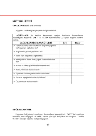KONTROL LİSTESİ

UYGULAMA: Sanat eseri inceleme

   Aşağıdaki kriterlere göre çalışmanızı değerlendiriniz.

     AÇIKLAMA: Bu faaliyet kapsamında aşağıda listelenen davranışlardan
 kazandığınız becerileri EVET ve HAYIR kutucuklarına (X) işareti koyarak kontrol
 ediniz.
         DEĞERLENDİRME ÖLÇÜTLERİ                               Evet           Hayır
  Dönem/akım ve sanatçı hakkında araştırma yaptınız
   mı? veya veri topladınız mı?
  Bilgilerinizi gözden geçirdiniz mi?

  Sanat eseri araştırması yaptınız mı?
  Sanatçının ve eserin adını, yapım yılını araştırdınız
   mı?
  Madde ve teknik yönünden incelendiniz mi?

  Konu yönünden incelediniz mi?
  Figürlerin durumu yönünden incelediniz mi?

  Form ve inşa yönünden incelediniz mi?

  Öz yönünden incelediniz mi?




DEĞERLENDİRME

   Uygulama faaliyetinde kazandığınız davranışlarda işaretlediğiniz “EVET” ler kazandığız
becerileri ortaya koyuyor. “HAYIR” larınız için ilgili faaliyetleri tekrarlayınız. Tamamı
“EVET” ise diğer öğrenme faaliyetine geçiniz.


                                             57
 