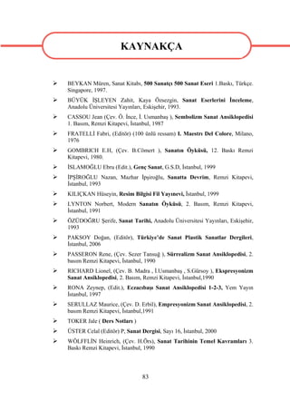 KAYNAKÇA


   BEYKAN Müren, Sanat Kitabı, 500 Sanatçı 500 Sanat Eseri 1.Baskı, Türkçe.
    Singapore, 1997.
   BÜYÜK İŞLEYEN Zahit, Kaya Özsezgin, Sanat Eserlerini İnceleme,
    Anadolu Üniversitesi Yayınları, Eskişehir, 1993.
   CASSOU Jean (Çev. Ö. İnce, İ. Usmanbaş ), Sembolizm Sanat Ansiklopedisi
    1. Basım, Remzi Kitapevi, İstanbul, 1987
   FRATELLİ Fabri, (Editör) (100 ünlü ressam) I. Maestrı Del Colore, Milano,
    1976
   GOMBRICH E.H, (Çev. B.Cömert ), Sanatın Öyküsü, 12. Baskı Remzi
    Kitapevi, 1980.
   İSLAMOĞLU Ebru (Edit.), Genç Sanat, G.S.D, İstanbul, 1999
   İPŞİROĞLU Nazan, Mazhar İpşiroğlu, Sanatta Devrim, Remzi Kitapevi,
    İstanbul, 1993
   KILIÇKAN Hüseyin, Resim Bilgisi Fil Yayınevi, İstanbul, 1999
   LYNTON Norbert, Modern Sanatın Öyküsü, 2. Basım, Remzi Kitapevi,
    İstanbul, 1991
   ÖZÜDOĞRU Şerife, Sanat Tarihi, Anadolu Üniversitesi Yayınları, Eskişehir,
    1993
   PAKSOY Doğan, (Editör), Türkiye’de Sanat Plastik Sanatlar Dergileri,
    İstanbul, 2006
   PASSERON Rene, (Çev. Sezer Tansuğ ), Sürrealizm Sanat Ansiklopedisi, 2.
    basım Remzi Kitapevi, İstanbul, 1990
   RICHARD Lionel, (Çev. B. Madra , İ.Usmanbaş , S.Gürsoy ), Ekspresyonizm
    Sanat Ansiklopedisi, 2. Basım, Remzi Kitapevi, İstanbul,1990
   RONA Zeynep, (Edit.), Eczacıbaşı Sanat Ansiklopedisi 1-2-3, Yem Yayın
    İstanbul, 1997
   SERULLAZ Maurice, (Çev. D. Erbil), Empresyonizm Sanat Ansiklopedisi, 2.
    basım Remzi Kitapevi, İstanbul,1991
   TOKER Jale ( Ders Notları )
   ÜSTER Celal (Editör) P, Sanat Dergisi, Sayı 16, İstanbul, 2000
   WÖLFFLİN Heinrich, (Çev. H.Örs), Sanat Tarihinin Temel Kavramları 3.
    Baskı Remzi Kitapevi, İstanbul, 1990




                                   83
 
