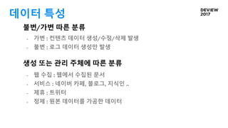 데이터 특성
- 가변 : 컨텐츠 데이터 생성/수정/삭제 발생
- 불변 : 로그 데이터 생성만 발생
불변/가변 따른 분류
- 웹 수집 : 웹에서 수집된 문서
- 서비스 : 네이버 카페, 블로그, 지식인 ..
- 제휴 : 트위터
- 정제 : 원본 데이터를 가공한 데이터
생성 또는 관리 주체에 따른 분류
 