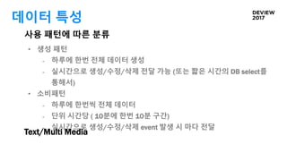 데이터 특성
• 생성 패턴
- 하루에 한번 전체 데이터 생성
- 실시간으로 생성/수정/삭제 전달 가능 (또는 짧은 시간의 DB select를
통해서)
• 소비패턴
- 하루에 한번씩 전체 데이터
- 단위 시간당 ( 10분에 한번 10분 구간)
- 실시간으로 생성/수정/삭제 event 발생 시 마다 전달
사용 패턴에 따른 분류
Text/Multi Media
 