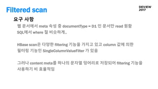 Filtered scan
웹 문서에서 meta 속성 중 documentType = D1 인 문서만 read 원함
SQL에서 where 절 비슷하게..
HBase scan은 다양한 filtering 기능을 가지고 있고 column 값에 의한
필터링 기능인 SingleColumnValueFilter 가 있음
그러나 content meta를 하나의 문자열 덩어리로 저장되어 filtering 기능을
사용하기 비 효율적임
요구 사항
 