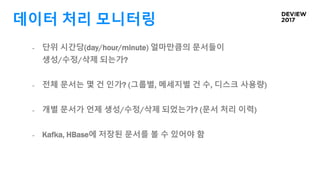 데이터 처리 모니터링
- 단위 시간당(day/hour/minute) 얼마만큼의 문서들이
생성/수정/삭제 되는가?
- 전체 문서는 몇 건 인가? (그룹별, 메세지별 건 수, 디스크 사용량)
- 개별 문서가 언제 생성/수정/삭제 되었는가? (문서 처리 이력)
- Kafka, HBase에 저장된 문서를 볼 수 있어야 함
 