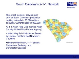 12
South Carolina’s 2-1-1 Network
Three Call Centers- serving over
20% of South Carolina’s population
making referrals to 75,000 callers
annually. Current budget: $950,000.
•2-1-1 Aiken Help Line- Serves Aiken
County (United Way Partner Agency)
•United Way 2-1-1 Midlands- Serves
Lexington, Richland and Newberry
Counties
•Trident United Way 2-1-1- Serves,
Charleston, Berkeley, and
Dorchester Counties
 