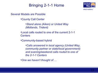 13
Bringing 2-1-1 Home
Several Models are Possible
•County Call Center
•Stand alone (Aiken) or United Way
(Midlands, Trident)
•Local calls routed to one of the current 2-1-1
Centers
•Community-based hybrid
•Calls answered in local agency (United Way,
community partner or state/local government)
and evening/weekend calls routed to one of
the 2-1-1 Centers
•One we haven’t thought of….
 