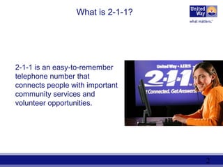 2
What is 2-1-1?
2-1-1 is an easy-to-remember
telephone number that
connects people with important
community services and
volunteer opportunities.
 