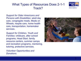 7
What Types of Resources Does 2-1-1
Track?
Support for Older Americans and
Persons with Disabilities: adult day
care, congregate meals, Meals on
Wheels, respite care, home health
care, transportation, homemaker
services.
Support for Children, Youth and
Families: childcare, after school
programs, Head Start, family
resource centers, summer camps
and recreation programs, mentoring,
tutoring, protective services.
Volunteer Opportunities and
Donations.
 