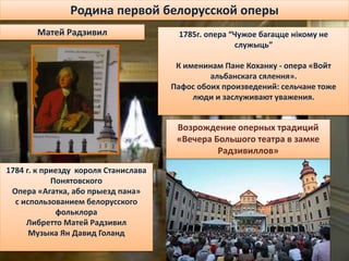 Родина первой белорусской оперы
1784 г. к приезду короля Станислава
Понятовского
Опера «Агатка, або прыезд пана»
с использованием белорусского
фольклора
Либретто Матей Радзивил
Музыка Ян Давид Голанд
1785г. опера “Чужое багацце нікому не
служыць”
К именинам Пане Коханку - опера «Войт
альбанскага сялення».
Пафос обоих произведений: сельчане тоже
люди и заслуживают уважения.
Матей Радзивил
Возрождение оперных традиций
«Вечера Большого театра в замке
Радзивиллов»
 