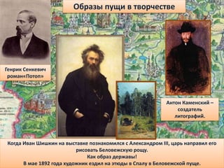 Когда Иван Шишкин на выставке познакомился с Александром III, царь направил его
рисовать Беловежскую рощу.
Как образ державы!
В мае 1892 года художник ездил на этюды в Спалу в Беловежской пуще.
Антон Каменский –
создатель
литографий.
Образы пущи в творчестве
Генрик Сенкевич
роман«Потоп»
 