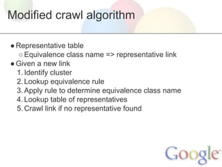 Modified crawl algorithm
● Representative table
○ Equivalence class name => representative link
● Given a new link
1. Identify cluster
2. Lookup equivalence rule
3. Apply rule to determine equivalence class name
4. Lookup table of representatives
5. Crawl link if no representative found

 