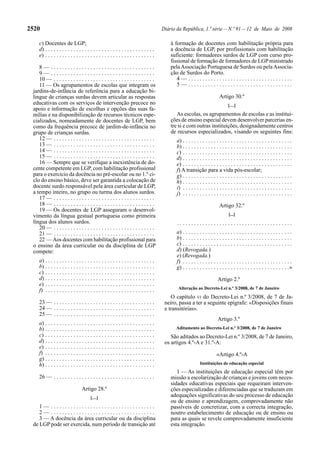 2520                                                                                   Diário da República, 1.ª série — N.º 91 — 12 de Maio de 2008

    c) Docentes de LGP;                                                                    à formação de docentes com habilitação própria para
    d) . . . . . . . . . . . . . . . . . . . . . . . . . . . . . . . . . . . . . . .       a docência de LGP, por profissionais com habilitação
    e) . . . . . . . . . . . . . . . . . . . . . . . . . . . . . . . . . . . . . . .       suficiente: formadores surdos de LGP com curso pro-
                                                                                           fissional de formação de formadores de LGP ministrado
    8— .....................................                                               pela Associação Portuguesa de Surdos ou pela Associa-
    9— .....................................                                               ção de Surdos do Porto.
    10 — . . . . . . . . . . . . . . . . . . . . . . . . . . . . . . . . . . . .              4— .....................................
    11 — Os agrupamentos de escolas que integram os                                           5— .....................................
 jardins-de-infância de referência para a educação bi-
 lingue de crianças surdas devem articular as respostas                                                                   Artigo 30.º
 educativas com os serviços de intervenção precoce no                                                                           […]
 apoio e informação de escolhas e opções das suas fa-
 mílias e na disponibilização de recursos técnicos espe-                                      As escolas, os agrupamentos de escolas e as institui-
 cializados, nomeadamente de docentes de LGP, bem                                          ções de ensino especial devem desenvolver parcerias en-
 como da frequência precoce de jardim-de-infância no                                       tre si e com outras instituições, designadamente centros
 grupo de crianças surdas.                                                                 de recursos especializados, visando os seguintes fins:
    12 — . . . . . . . . . . . . . . . . . . . . . . . . . . . . . . . . . . . .             a) . . . . . . . . . . . . . . . . . . . . . . . . . . . . . . . . . . . . . . .
    13 — . . . . . . . . . . . . . . . . . . . . . . . . . . . . . . . . . . . .             b) . . . . . . . . . . . . . . . . . . . . . . . . . . . . . . . . . . . . . . .
    14 — . . . . . . . . . . . . . . . . . . . . . . . . . . . . . . . . . . . .             c) . . . . . . . . . . . . . . . . . . . . . . . . . . . . . . . . . . . . . . .
    15 — . . . . . . . . . . . . . . . . . . . . . . . . . . . . . . . . . . . .             d) . . . . . . . . . . . . . . . . . . . . . . . . . . . . . . . . . . . . . . .
    16 — Sempre que se verifique a inexistência de do-                                       e) . . . . . . . . . . . . . . . . . . . . . . . . . . . . . . . . . . . . . . .
 cente competente em LGP, com habilitação profissional                                       f) A transição para a vida pós-escolar;
 para o exercício da docência no pré-escolar ou no 1.º ci-                                   g) . . . . . . . . . . . . . . . . . . . . . . . . . . . . . . . . . . . . . . .
 clo do ensino básico, deve ser garantida a colocação de                                     h) . . . . . . . . . . . . . . . . . . . . . . . . . . . . . . . . . . . . . . .
 docente surdo responsável pela área curricular de LGP,                                      i) . . . . . . . . . . . . . . . . . . . . . . . . . . . . . . . . . . . . . . .
 a tempo inteiro, no grupo ou turma dos alunos surdos.                                       j) . . . . . . . . . . . . . . . . . . . . . . . . . . . . . . . . . . . . . . .
    17 — . . . . . . . . . . . . . . . . . . . . . . . . . . . . . . . . . . . .
    18 — . . . . . . . . . . . . . . . . . . . . . . . . . . . . . . . . . . . .                                          Artigo 32.º
    19 — Os docentes de LGP asseguram o desenvol-
 vimento da língua gestual portuguesa como primeira                                                                              [...]
 língua dos alunos surdos.                                                                    .........................................
    20 — . . . . . . . . . . . . . . . . . . . . . . . . . . . . . . . . . . . .
    21 — . . . . . . . . . . . . . . . . . . . . . . . . . . . . . . . . . . . .             a) . . . . . . . . . . . . . . . . . . . . . . . . . . . . . . . . . . . . . . .
    22 — Aos docentes com habilitação profissional para                                      b) . . . . . . . . . . . . . . . . . . . . . . . . . . . . . . . . . . . . . . .
 o ensino da área curricular ou da disciplina de LGP                                         c) . . . . . . . . . . . . . . . . . . . . . . . . . . . . . . . . . . . . . . .
 compete:                                                                                    d) (Revogada.)
                                                                                             e) (Revogada.)
    a) . . . . . . . . . . . . . . . . . . . . . . . . . . . . . . . . . . . . . . .         f) . . . . . . . . . . . . . . . . . . . . . . . . . . . . . . . . . . . . . . .
    b) . . . . . . . . . . . . . . . . . . . . . . . . . . . . . . . . . . . . . . .         g) . . . . . . . . . . . . . . . . . . . . . . . . . . . . . . . . . . . . . .»
    c) . . . . . . . . . . . . . . . . . . . . . . . . . . . . . . . . . . . . . . .
    d) . . . . . . . . . . . . . . . . . . . . . . . . . . . . . . . . . . . . . . .                                     Artigo 2.º
    e) . . . . . . . . . . . . . . . . . . . . . . . . . . . . . . . . . . . . . . .
                                                                                              Alteração ao Decreto-Lei n.º 3/2008, de 7 de Janeiro
    f) . . . . . . . . . . . . . . . . . . . . . . . . . . . . . . . . . . . . . . .
                                                                                           O capítulo VI do Decreto-Lei n.º 3/2008, de 7 de Ja-
    23 — . . . . . . . . . . . . . . . . . . . . . . . . . . . . . . . . . . . .        neiro, passa a ter a seguinte epígrafe: «Disposições finais
    24 — . . . . . . . . . . . . . . . . . . . . . . . . . . . . . . . . . . . .        e transitórias».
    25 — . . . . . . . . . . . . . . . . . . . . . . . . . . . . . . . . . . . .
                                                                                                                         Artigo 3.º
    a) . . . . . . . . . . . . . . . . . . . . . . . . . . . . . . . . . . . . . . .
    b) . . . . . . . . . . . . . . . . . . . . . . . . . . . . . . . . . . . . . . .         Aditamento ao Decreto-Lei n.º 3/2008, de 7 de Janeiro
    c) . . . . . . . . . . . . . . . . . . . . . . . . . . . . . . . . . . . . . . .       São aditados ao Decreto-Lei n.º 3/2008, de 7 de Janeiro,
    d) . . . . . . . . . . . . . . . . . . . . . . . . . . . . . . . . . . . . . . .    os artigos 4.º-A e 31.º-A:
    e) . . . . . . . . . . . . . . . . . . . . . . . . . . . . . . . . . . . . . . .
    f) . . . . . . . . . . . . . . . . . . . . . . . . . . . . . . . . . . . . . . .                                    «Artigo 4.º-A
    g) . . . . . . . . . . . . . . . . . . . . . . . . . . . . . . . . . . . . . . .
    h) . . . . . . . . . . . . . . . . . . . . . . . . . . . . . . . . . . . . . . .                         Instituições de educação especial
                                                                                              1 — As instituições de educação especial têm por
    26 — . . . . . . . . . . . . . . . . . . . . . . . . . . . . . . . . . . . .           missão a escolarização de crianças e jovens com neces-
                                                                                           sidades educativas especiais que requeiram interven-
                                 Artigo 28.º                                               ções especializadas e diferenciadas que se traduzam em
                                       […]                                                 adequações significativas do seu processo de educação
                                                                                           ou de ensino e aprendizagem, comprovadamente não
    1— .....................................                                               passíveis de concretizar, com a correcta integração,
    2— .....................................                                               noutro estabelecimento de educação ou de ensino ou
    3 — A docência da área curricular ou da disciplina                                     para as quais se revele comprovadamente insuficiente
 de LGP pode ser exercida, num período de transição até                                    esta integração.
 