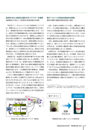高効率 NOx 分解浄化電気化学リアクターを開発            粗グリセリンの有効利用技術を開発
自動車排ガス用として実用的な低温作動化を実現              酵母の発酵で機能性界面活性剤へ変換


 次世代ディーゼルエンジンなどの高効率エンジンで             近年、石油からの原料シフトに伴い、植物油からバイ
は、燃費を向上しようとすると燃焼温度や圧力が高く            オディーゼル燃料の製造が進み、その際に副生する粗グ
なり、窒素酸化物 (NOx) の排出量が増加します。さら        リセリンの発生量が増大しています。そのため各国で粗
に、排気ガス中の酸素濃度が高いために従来の触媒では           グリセリンの有効利用技術が模索されています。これま
NOx の分解浄化が十分に行えず、燃費向上と排気ガス          で、化学的な手法による検討は多数行われてきましたが、
浄化の両立は困難です。NOx 吸蔵選択還元触媒などの          実製造に繋がるものは限られていました。
開発が進められてはいるものの、制御が厳密に行えない            今回、産総研は企業と共同で、酵母の発酵プロセスを
ため、還元剤として使用する余分な燃料消費やアンモニ           利用して、粗グリセリンからバイオサーファクタント※ 1
アによる二次的な有害物の排出など問題も多いとされま           と呼ばれる、生分解性と機能性に優れた界面活性剤を量
す。高効率エンジンの実用化のためには、排気ガスの法           産する技術を開発しました ( 図参照 )。
規制強化に対応した革新的な NOx 浄化技術の確立が不          本研究では、まず高濃度の粗グリセリンを利用可能な
可欠であり、その実現が強く望まれています。               微生物の探索から着手しました。その結果、花弁から分
 産総研では、低温域でも高効率作動できる NOx 分解         離したある種の酵母が、粗グリセリンからバイオサー
浄化リアクターの開発に成功しました ( 図参照 )。この        ファクタントを、高純度で生産することを突き止めまし
電気化学リアクターは、粒径約 500nm の電解質粒子が        た。さらに、生産条件の最適化により、通常の発酵プロ
繋がった骨格構造に、直径 10nm 程度の細線状の電子導        セスの数倍～数十倍に相当する、発酵液１リットル当た
電材が複雑に絡み合う様な 3 次元ナノネットワーク構造         り 170 グラム以上の生産物を得ることに成功しました。
電極を形成します。この細線状の電子導電材は、直径数            今回の研究は、環境低負荷なプロセスによって、粗グ
nm のナノ粒子集合体によって構成されています。            リセリンから新しい機能性素材を提供するものであり、
 このナノ構造化電極をもつ電気化学リアクターでは、           効率的な植物資源の循環を通じて、二酸化炭素の排出削
酸素を 20 ％混合した窒素ガスに含まれる 1,000 ppm の   減や地球環境保全へ貢献できる技術の一つとして期待さ
NO ガスの 90 %以上を、250 ℃以上の温度においても      れます。
副生成物を生成することなく N2 と O2 へ分解すること
                                    ※ 1　バイオサーファクタント
ができます。これは、これまでの触媒や旧型の電気化学
                                     酵母菌や納豆菌といった微生物が作り出す天然の高機能界面活性剤です。石油由来の
リアクターでは分解が非常に困難な条件であり、次世代           界面活性剤に比べ、 生分解性に優れ、少量でも効果を発揮できるなどの特長をもちます。


ディーゼルエンジンなどの排気ガスに対する有望な浄化
技術になると考えています。




                                                   　発酵
                                                   プロセス

    高効率 NOx 浄化電気化学リアクター概念図               酵母菌を利用した粗グリセリンの有効利用



                                              産業技術総合研究所　環境報告書 2009         29
 