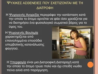 ΦΤΥΗΚΔ΢ Α΢ΘΔΝΔΗΔ΢ ΠΟΤ ΢ΥΔΣΗΕΟΝΣΑΗ ΜΔ ΣΖ
ΓΗΑΣΡΟΦΖ
Ζ Φπρνγελήο Αλνξεμία πεξηγξάθεη ηελ θαηάζηαζε θαηά
ηελ νπνία ην άηνκν αξλείηαη λα θάεη όζν ρξεηάδεηαη γηα
λα δηαηεξήζεη έλα θπζηνινγηθό ζσκαηηθό βάξνο γηα ην
ύςνο ηνπ.
Ζ Φπρνγελήο Βνπιηκία
ραξαθηεξίδεηαη από
επαλεηιεκκέλα επεηζόδηα
ππεξβνιηθήο θαηαλάισζεο
θαγεηνύ.
Ζ Τπεξθαγία είλαη κηα Γηαηξνθηθή Γηαηαξαρή θαηά
ηελ νπνία ην άηνκν ηξώεη πνιύ θαη όρη επεηδή ληώζεη
πείλα αιιά από παξόξκεζε.
 