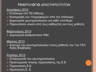 Ηαλνπάξηνο 2013
 Δπίζθεςε ζηα ΣΔΗ Αζήλαο
 Καηαγξαθή ησλ πιεξνθνξηώλ από ηελ επίζθεςε.
 Γεκηνπξγία εξσηεκαηνινγίνπ γηα θάζε ππό-ζεκα
 Παξνπζίαζε πιηθνύ από ηνπο θαζεγεηέο θαη ηνπο καζεηέο
Φεβξνπάξηνο 2013
 Γεκηνπξγία Γηαδξαζηηθνύ Wiki
Μάξηηνο 2013
 Γηαλνκή ηνπ εξσηεκαηνινγίνπ ζηνπο καζεηέο ηνπ 1νπ ΓΔΛ
Αγίαο Βαξβάξαο
Απξίιηνο 2013
 Δπεμεξγαζία ηνπ εξσηεκαηνινγίνπ
 Πξνεηνηκαζία ηειηθήο παξνπζίαζεο ηεο Δ.Δ.
 Παξνπζίαζε Δ.Δ.
 Αμηνιόγεζε Δ. Δ.
ΖΜΔΡΟΛΟΓΗΟ ΓΡΑ΢ΣΖΡΗΟΣΉΣΧΝ
 