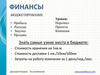 Дмитрий Тетервак fb.com/tetervak www.week4hours.com
Знать самые узкие места в бюджете:
- Стоимость хранения на 1кв.м
- Стоимость доставки 1 км./10км/100км
- Затраты на работу компании за 1 день/нед./мес.
ФИНАНСЫ
БЮДЖЕТИРОВАНИЕ
• Прибыль
• Расходы
• Закупка
• Продажа
Уровни:
Персонал
Проекты
Компания
 