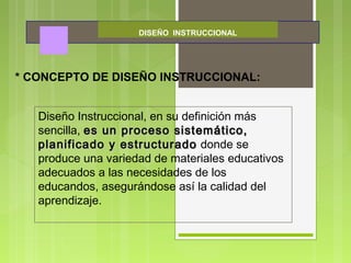 DISEÑO INSTRUCCIONAL
* CONCEPTO DE DISEÑO INSTRUCCIONAL:
Diseño Instruccional, en su definición más
sencilla, es un proceso sistemático,es un proceso sistemático,
planificado y estructuradoplanificado y estructurado donde se
produce una variedad de materiales educativos
adecuados a las necesidades de los
educandos, asegurándose así la calidad del
aprendizaje.
 