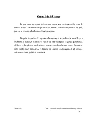 Grupo I de 0-5 meses
En esta etapa no se dan objetos para agarrar por que la aprensión se da de
manera refleja. Los músculos que estan en proceso de mielinización son los ojos,
por eso se recomiendan los móviles como ayuda.
Después llega al cuello, aproximadamente en el segundo mes, hasta llegar a
los brazos y manos, y es entonces cuando se ofrecen objetos colgando para tomar,
al llegar a los pies se puede ofrecer una pelota colgando para patear. Cuando el
niño puede rodar, resbalarse, y alcanzar se ofrecen objetos cerca de él, sonajas,
anillos metálicos, pelotitas entre otros.
Zahída Ruiz Gupo I Actividades para las experienias visual, tactil y auditivas
Pg.
 