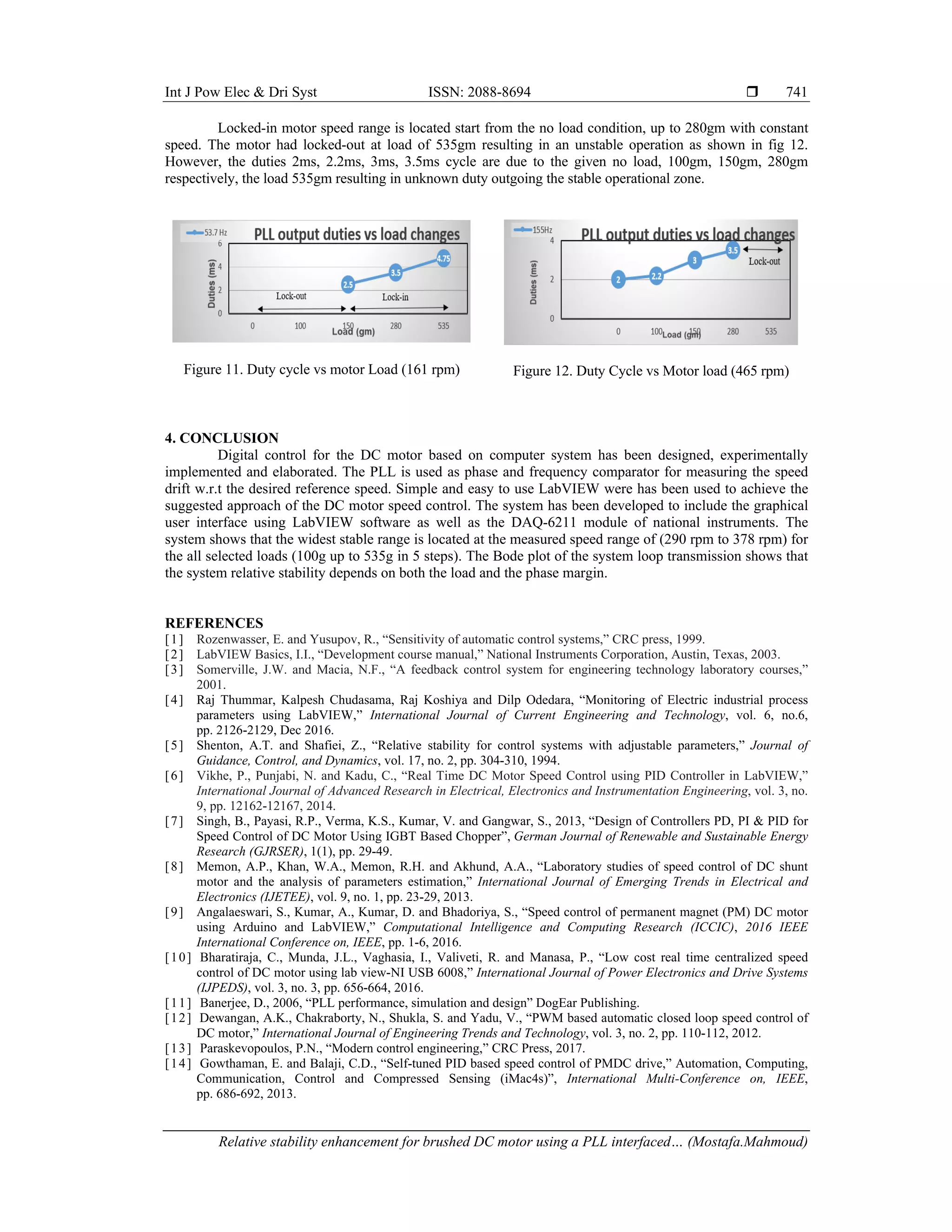 Int J Pow Elec & Dri Syst ISSN: 2088-8694 
Relative stability enhancement for brushed DC motor using a PLL interfaced… (Mostafa.Mahmoud)
741
Locked-in motor speed range is located start from the no load condition, up to 280gm with constant
speed. The motor had locked-out at load of 535gm resulting in an unstable operation as shown in fig 12.
However, the duties 2ms, 2.2ms, 3ms, 3.5ms cycle are due to the given no load, 100gm, 150gm, 280gm
respectively, the load 535gm resulting in unknown duty outgoing the stable operational zone.
Figure 11. Duty cycle vs motor Load (161 rpm) Figure 12. Duty Cycle vs Motor load (465 rpm)
4. CONCLUSION
Digital control for the DC motor based on computer system has been designed, experimentally
implemented and elaborated. The PLL is used as phase and frequency comparator for measuring the speed
drift w.r.t the desired reference speed. Simple and easy to use LabVIEW were has been used to achieve the
suggested approach of the DC motor speed control. The system has been developed to include the graphical
user interface using LabVIEW software as well as the DAQ-6211 module of national instruments. The
system shows that the widest stable range is located at the measured speed range of (290 rpm to 378 rpm) for
the all selected loads (100g up to 535g in 5 steps). The Bode plot of the system loop transmission shows that
the system relative stability depends on both the load and the phase margin.
REFERENCES
[1] Rozenwasser, E. and Yusupov, R., “Sensitivity of automatic control systems,” CRC press, 1999.
[2] LabVIEW Basics, I.I., “Development course manual,” National Instruments Corporation, Austin, Texas, 2003.
[3] Somerville, J.W. and Macia, N.F., “A feedback control system for engineering technology laboratory courses,”
2001.
[4] Raj Thummar, Kalpesh Chudasama, Raj Koshiya and Dilp Odedara, “Monitoring of Electric industrial process
parameters using LabVIEW,” International Journal of Current Engineering and Technology, vol. 6, no.6,
pp. 2126-2129, Dec 2016.
[5] Shenton, A.T. and Shafiei, Z., “Relative stability for control systems with adjustable parameters,” Journal of
Guidance, Control, and Dynamics, vol. 17, no. 2, pp. 304-310, 1994.
[6] Vikhe, P., Punjabi, N. and Kadu, C., “Real Time DC Motor Speed Control using PID Controller in LabVIEW,”
International Journal of Advanced Research in Electrical, Electronics and Instrumentation Engineering, vol. 3, no.
9, pp. 12162-12167, 2014.
[7] Singh, B., Payasi, R.P., Verma, K.S., Kumar, V. and Gangwar, S., 2013, “Design of Controllers PD, PI & PID for
Speed Control of DC Motor Using IGBT Based Chopper”, German Journal of Renewable and Sustainable Energy
Research (GJRSER), 1(1), pp. 29-49.
[8] Memon, A.P., Khan, W.A., Memon, R.H. and Akhund, A.A., “Laboratory studies of speed control of DC shunt
motor and the analysis of parameters estimation,” International Journal of Emerging Trends in Electrical and
Electronics (IJETEE), vol. 9, no. 1, pp. 23-29, 2013.
[9] Angalaeswari, S., Kumar, A., Kumar, D. and Bhadoriya, S., “Speed control of permanent magnet (PM) DC motor
using Arduino and LabVIEW,” Computational Intelligence and Computing Research (ICCIC), 2016 IEEE
International Conference on, IEEE, pp. 1-6, 2016.
[10] Bharatiraja, C., Munda, J.L., Vaghasia, I., Valiveti, R. and Manasa, P., “Low cost real time centralized speed
control of DC motor using lab view-NI USB 6008,” International Journal of Power Electronics and Drive Systems
(IJPEDS), vol. 3, no. 3, pp. 656-664, 2016.
[11] Banerjee, D., 2006, “PLL performance, simulation and design” DogEar Publishing.
[12]  Dewangan, A.K., Chakraborty, N., Shukla, S. and Yadu, V., “PWM based automatic closed loop speed control of
DC motor,” International Journal of Engineering Trends and Technology, vol. 3, no. 2, pp. 110-112, 2012.
[13] Paraskevopoulos, P.N., “Modern control engineering,” CRC Press, 2017.
[14] Gowthaman, E. and Balaji, C.D., “Self-tuned PID based speed control of PMDC drive,” Automation, Computing,
Communication, Control and Compressed Sensing (iMac4s)”, International Multi-Conference on, IEEE,
pp. 686-692, 2013.
 