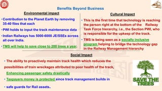 Environmental impact
•Contribution to the Planet Earth by removing
35-40 files that each
•PWI holds to input the track maintenance data
•Indian Railways has 5000-6000 JE/SSEs across
all over India.
•TMS will help to save close to 200 trees a year.
Cultural Impact
• This is the first time that technology is reaching
the person right at the bottom of the Railway
Task Force hierarchy, i.e., the Section PWI, who
is responsible for the upkeep of the track.
• TMS is being seen as a socially inclusive
program helping to bridge the technology gap
in the Railway Management hierarchy
Social Impact
• The ability to proactively maintain track health which reduces the
possibilities of train wreckages attributed to poor health of the track,
Enhancing passenger safety drastically
• Taxpayers money is protected since track management builds in
• safe guards for Rail assets.
Benefits Beyond Business
 
