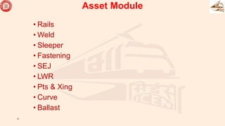 Asset Module
• Rails
• Weld
• Sleeper
• Fastening
• SEJ
• LWR
• Pts & Xing
• Curve
• Ballast
21
 