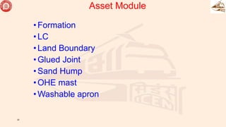Asset Module
•Formation
•LC
•Land Boundary
•Glued Joint
•Sand Hump
•OHE mast
•Washable apron
22
 
