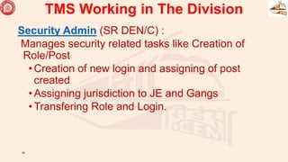 TMS Working in The Division
Security Admin (SR DEN/C) :
Manages security related tasks like Creation of
Role/Post
•Creation of new login and assigning of post
created
•Assigning jurisdiction to JE and Gangs
•Transfering Role and Login.
38
 