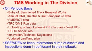 •On Periodic Basis
• Entry of: Sanctioned Track Renewal Works
• Annual GMT, Rainfall & Rail Temperature data
• PME/RCT data
• TRC/OMS Run data
• Uploading of Imp. Letters & CE Circulars (Zonal HQ)
• PCDO Annexures
• Innovation/Technical Sugestions
• Updated yard/land plan
•SSE/ADEN to keep Information dump of Assets and
Inspections done in pdf foramt in their netbook.
42
TMS Working in The Division
 