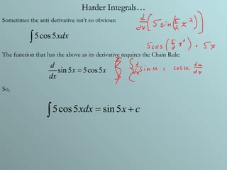 Harder Integrals… Sometimes the anti-derivative isn’t so obvious: The function that has the above as its derivative requires the Chain Rule: So, 