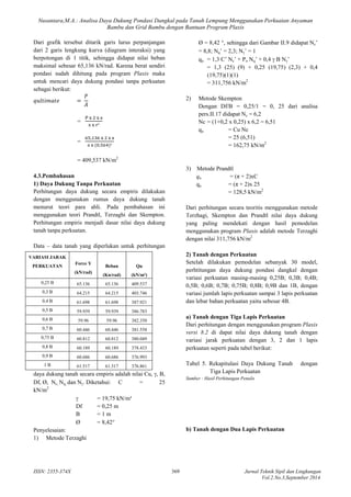 ' 7 8 8 ' 2 ( 2 / ' 2 % 7 / 8 (
$ ! 9 $ ! $ / / 0 '
369
! "#
Dari grafik tersebut ditarik garis lurus perpanjangan
dari 2 garis lengkung kurva (diagram interaksi) yang
berpotongan di 1 titik, sehingga didapat nilai beban
maksimal sebesar 65,136 kN/rad. Karena berat sendiri
pondasi sudah dihitung pada program / 0 ' maka
untuk mencari daya dukung pondasi tanpa perkuatan
sebagai berikut:
=
=
π
π ²
=
, π
π ( , )²
= 409,537 kN/m2
4.3.Pembahasan
1) Daya Dukung Tanpa Perkuatan
Perhitungan daya dukung secara empiris dilakukan
dengan menggunakan rumus daya dukung tanah
menurut teori para ahli. Pada pembahasan ini
menggunakan teori Prandtl, Terzaghi dan Skempton.
Perhitungan empiris menjadi dasar nilai daya dukung
tanah tanpa perkuatan.
Data – data tanah yang diperlukan untuk perhitungan
daya dukung tanah secara empiris adalah nilai Cu, γ, B,
Df, Ø, Nc, Nq, dan Nγ. Diketahui: C = 25
kN/m2
γ = 19,75 kN/m³
Df = 0,25 m
B = 1 m
Ø = 8,42°
Penyelesaian:
1) Metode Terzaghi
Ø = 8,42 °, sehingga dari Gambar II.9 didapat Nc’
= 8,8; Nq’ = 2,3; Nγ’ = 1
qu = 1,3 C’ Nc’ + Po Nq’ + 0,4 γ B Nγ’
= 1,3 (25) (9) + 0,25 (19,75) (2,3) + 0,4
(19,75)(1)(1)
= 311,756 kN/m2
2) Metode Skempton
Dengan Df/B = 0,25/1 = 0, 25 dari analisa
pers.II.17 didapat Nc = 6,2
Nc = (1+0,2 x 0,25) x 6,2 = 6,51
qu = Cu Nc
= 25 (6,51)
= 162,75 kN/m2
3) Metode Prandtl
< = (π + 2)xC
qu = (π + 2)x 25
= 128,5 kN/m2
Dari perhitungan secara teoritis menggunakan metode
Terzhagi, Skempton dan Prandtl nilai daya dukung
yang paling mendekati dengan hasil pemodelan
menggunakan program / 0 ' adalah metode Terzaghi
dengan nilai 311,756 kN/m2
2) Tanah dengan Perkuatan
Setelah dilakukan pemodelan sebanyak 30 model,
perhtitungan daya dukung pondasi dangkal dengan
variasi perkuatan masing%masing 0,25B; 0,3B; 0,4B;
0,5B; 0,6B; 0,7B; 0,75B; 0,8B; 0,9B dan 1B, dengan
variasi jumlah lapis perkuatan sampai 3 lapis perkuatan
dan lebar bahan perkuatan yaitu sebesar 4B.
a) Tanah dengan Tiga Lapis Perkuatan
Dari perhitungan dengan menggunakan program / 0 '
) ' 1 di dapat nilai daya dukung tanah dengan
variasi jarak perkuatan dengan 3, 2 dan 1 lapis
perkuatan seperti pada tabel berikut:
Tabel 5. Rekapitulasi Daya Dukung Tanah dengan
Tiga Lapis Perkuatan
! = ' / % / '
b) Tanah dengan Dua Lapis Perkuatan
VARIASI JARAK
PERKUATAN
Force Y
Beban Qu
(kN/rad)
(Kn/rad) (kN/m²)
0,25 B 65.136 65.136 409.537
0,3 B 64.215 64.215 403.746
0,4 B 61.698 61.698 387.921
0,5 B 59.939 59.939 386.783
0,6 B 59.96 59.96 382.350
0,7 B 60.446 60.446 381.558
0,75 B 60.812 60.812 380.049
0,8 B 60.189 60.189 378.433
0,9 B 60.686 60.686 376.993
1 B 61.517 61.517 376.861
 