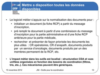 Mettre a disposition toutes les données
               disponibles


• Le logiciel métier s’appuie sur la normalisation des documents pour :
   • initialiser un document (la fiche RCP) a partir du message
      d’inscription,
   • pré remplir le document à partir d’une combinaison du message
      d’inscription pour la partie administrative et d’une fiche RCP
      antérieure pour la partie médicale,
   • rechercher et présenter de façon priorisée les documents les
      plus utiles : CR opératoires, CR d’anapath, documents produits
      par un service d’oncologie, documents produits par un des
      membres permanent de la RCP, etc.

•   L’impact métier dans les outils est localisé : structuration CDA et vues
    unifiées organisées en fonction des besoins de coordination (filtres,
    tris, etc..). Ces mécanismes peuvent être génériques.
15 novembre 2012          JNI - Outils pour la coordination               10
 