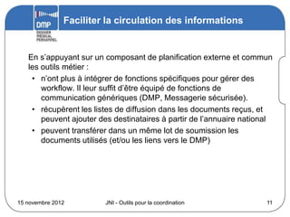 Faciliter la circulation des informations


   En s’appuyant sur un composant de planification externe et commun
   les outils métier :
    • n’ont plus à intégrer de fonctions spécifiques pour gérer des
       workflow. Il leur suffit d’être équipé de fonctions de
       communication génériques (DMP, Messagerie sécurisée).
    • récupèrent les listes de diffusion dans les documents reçus, et
       peuvent ajouter des destinataires à partir de l’annuaire national
    • peuvent transférer dans un même lot de soumission les
       documents utilisés (et/ou les liens vers le DMP)




15 novembre 2012        JNI - Outils pour la coordination             11
 