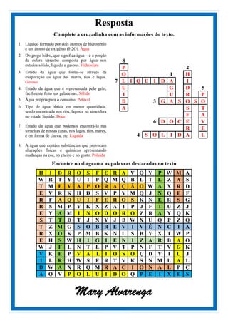 Resposta
Complete a cruzadinha com as informações do texto.
1. Líquido formado por dois átomos de hidrogênio
e um átomo de oxigênio (H2O). Água
2. Do grego hidro, que significa água – é a porção
da esfera terrestre composta por água nos
estados sólido, líquido e gasoso. Hidrosfera
3. Estado da água que forma-se através da
evaporação da água dos mares, rios e lagos.
Gasoso
4. Estado da água que é representada pelo gelo,
facilmente feito nas geladeiras. Sólida
5. Água própria para o consumo. Potável
6. Tipo de água obtida em menor quantidade,
sendo encontrada nos rios, lagos e na atmosfera
no estado líquido. Doce
7. Estado da água que podemos encontrá-la nas
torneiras de nossas casas, nos lagos, rios, mares,
e em forma de chuva, etc. Líquida
8. A água que contém substâncias que provocam
alterações físicas e químicas apresentando
mudanças na cor, no cheiro e no gosto. Poluída
8
P 2
O 1 H
7 L I Q U I D A I
U G D 5
I U R P
D 3 G A S O S O
A S T
F A
6 D O C E V
R E
4 S O L I D A L
Encontre no diagrama as palavras destacadas no texto
H I D R O S F E R A V Q Y P W M A
W R T Y U I P Q M Q B L T L Z A S
T M E V A P O R A Ç Ã O W A X R D
E V R K H D S V P Y M Q J N Q E F
R F A Q U I F E R O S K N E R S G
R S M P Y K X Z A I P J F T U Z J
E Y A M I N O D O R O Z R A Y Q K
S T T D T J X Y J B W X U Q P Z Q
T Z M G S O B R E V I V Ê N C I A
R X O K P M B K N L S B Y X T W P
E H S W H I G I E N I Z A R B A O
W J F L N T L P V T P N F T V G K
V K E P V A L I O S O Ç D Y I U J
I L R H W S E R T V K S N M L A L
D W A X R Q M R A C I O N A L P Ç
A Q V P O L U I D O Q P E I X E S
Mary Alvarenga
 