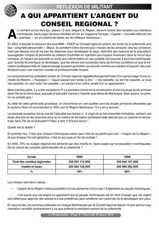 REFLEXION DE MILITANT
                                                  TETE
             A QUI APPARTIENT L’ARGENT DU
                  CONSEIL REGIONAL ?
          u moment où les élus qui, depuis 12 ans, dirigent la Région, doivent rendre des comptes aux électeurs

A         martiniquais, seuls juges de leurs résultats et non au magazine français « Capital », nouvelle bible de nos
          « patriotes », on en entend de belles sur les tréteaux électoraux !

En effet, à écouter le discours des élus MIM – CNCP du Conseil régional sortant, les fonds de la collectivité sont
leur « propriété personnelle ». Mieux, ils semblent sʼêtre donnés pour mission de les amasser, des les conserver,
mais par-dessus tout de ne pas les dépenser pour développer le pays, répondre aux besoins de la population,
sauvegarder lʼemploi et permettre la création dʼactivités en injectant ces moyens financiers dans le circuit éco-
nomique, en faisant par exemple en sorte que lʼalimentation en eau potable soit assurée à tous les martiniquais,
que lʼactivité économique se développe, que les élèves soit scolarisés dans de bonnes conditions et que la for-
mation professionnelle et lʼapprentissage puissent permettre aux jeunes comme aux adultes dʼacquérir des qua-
lifications pour une insertion sociale et professionnelle réussie.

Le comportement du président sortant du Conseil régional rappelle étrangement celui dʼun personnage dʼune co-
médie de Molière, « Harpagon » lequel passait son temps à dire : « ma cassette, où est ma cassette, je veux
ma cassette, on veut voler ma cassette » en parlant dʼun coffre rempli dʼor lui appartenant !

Mais soyons justes, il y a des exceptions !!! La première concerne la construction dʼune luxueuse école primaire
dans lʼîle de la Dominique, équipée à faire pâlir dʼenvie nʼimporte quel élève de Martinique. Mais quand, on aime,
on ne compte pas !

Au delà de cette générosité grandiose, on chercherait en vain quelles sont les écoles primaires dévastées par
le cyclone Dean et reconstruites à 100% par la Région Martinique ! Il nʼy en a aucune.

La seconde exception fait la une de lʼactualité ces temps-ci : Il sʼagit de ce bel ensemble immobilier, abritant une
école des arts et des sciences ainsi quʼun centre de formation professionnelle détruits par un cyclone et recons-
truits dans lʼîle de la Grenade!!!!! Rien à dire !!! Encore bravo !

Quelle est la réalité ?

En premier lieu, il faut que chaque martiniquais sache que cʼest de sa poche que sort « lʼargent de la Région »
et que lorsque lʼon est généreux, cʼest lui qui paye en fin de compte !

En effet, 70% du budget régional est alimenté par des impôts et taxes payés par la population martiniquaise.
Quʼen disent les comptes administratifs de la collectivité ?


                  Année                                    2006                                    2008
       Total des recettes régionales                 256 937 112,30€                        352 040 107,20€
             Impôts et taxes                        203 662 128,40€                         240 960 365,30€
                     %                                     79%                                     68%


Les choses sont donc claires :

   •      lʼargent de la Région nʼest la propriété ni dʼune personne ni dʼun clan ! Il appartient au peuple martiniquais ;

   •      cʼest parce que cet argent lui appartient que le peuple martiniquais est en droit dʼexiger que cet argent
soit utilisé pour apporter des solutions à ses problèmes, pour améliorer son cadre de vie et développer son pays.

En second lieu, les sommes prélevées sur chaque Martiniquais par le Conseil régional depuis 10 ans sont en aug-
mentation sensible contrairement à ce que prétend le président sortant de la collectivité.

                                   Le Progressiste - Page 4 - Mercredi 10 mars 2010
 
