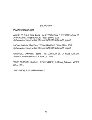 BIBLIOGRAFÍA
WWW.NEURONILLA.COM.
MANUAL DE OSLO, GUIA PARA LA RECOLECCIÓN E INTERPRETACION DE
DATOS PARA LA INVESTIGACION. Tercera Edición. 2006.
http://www.uis.unesco.org/Library/Documents/OECDOsloManual05_spa.pdf
INNOVACION GUIA PRACTICA TECNOPARQUE COLOMBIA SENA. 2012.
http://www.uis.unesco.org/Library/Documents/OECDOsloManual05_spa.pdf
HERNANDEZ SAMPIERI, Roberto. METODOLOGIA DE LA INVESTIGACION,
UNIVERSIDAD POLITECNICA DE SINALOA. 2003.
PONCE TALANCON, Humberto. REVISTA/CNEIP_12-1/Ponce_Talancon- MATRIZ
DOFA. 2007.
USAID ENFOQUE DEL MARCO LOGICO.
49
 