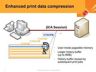 8 © 2005 Citrix Systems, Inc.—All rights reserved.
Enhanced print data compression
CTXCPM
CTXTWI
CTXCCM
CTXTW
…
{ICA Session}
• User-mode pageable memory
• Larger history buffer
(up to 8MB)
• History buffer reused by
subsequent print jobs
 