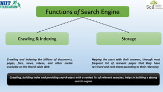 Functions of Search Engine
Crawling & Indexing Storage
Crawling and Indexing the billions of documents,
pages, files, news, videos, and other media
available on the World Wide Web
Helping the users with their answers, through most
frequent list of relevant pages that they have
retrieved and rank them according to their relevancy
Crawling, building index and providing search users with a ranked list of relevant searches, helps in building a strong
search engine
 