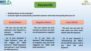 Keywords
• Building blocks of ad campaigns
• If chosen right set of keywords, potential customer will easily and quickly find your ad
Broad Match Negative Match Exact Match
- The user can see your ad
whenever your keyword or
relevant variation is
searched for
- Ex: If your keyword is
“NGO Partners”, your ad
will trigger for “NGO
partners”, “NGO volunteers
and partners”, and “looking
for NGO partners”
- The user cannot see your
ad when you have set some
set of keywords as negative
- Ex: If you have set
keyword “Paid Volunteers”
as negative, your ad not be
triggered for “NGO with
paid volunteers”
- The user can see your ad
only when you have exact
match with the keyword
- Ex: If your keyword is
“Volunteering for NGO”,
the ad will be shown only if
you have the same
keyword
 