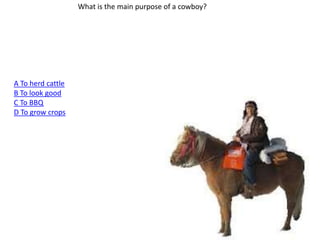 What is the main purpose of a cowboy?
A To herd cattle
B To look good
C To BBQ
D To grow crops
 