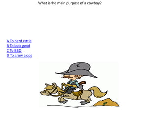 What is the main purpose of a cowboy?
A To herd cattle
B To look good
C To BBQ
D To grow crops
 