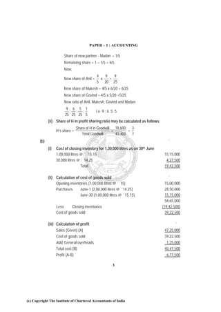 PAPER – 1 : ACCOUNTING

                         Share of new partner - Madan = 1/5
                         Remaining share = 1 – 1/5 = 4/5
                         Now,
                                               4   9   9
                         New share of Anil =     x   =
                                               5 20 25
                         New share of Mukesh = 4/5 x 6/20 = 6/25
                         New share of Govind = 4/5 x 5/20 =5/25
                         New ratio of Anil, Mukesh, Govind and Madan
                          9 6 5 1
                            : : :              i.e. 9 : 6 :5 :5
                          25 25 25 5
              (ii) Share of H in profit sharing ratio may be calculated as follows:
                                   Share of H in Goodwill 18,600    3
                    H’s share =                          =        =
                                      Total Goodwill       43,400   7
        (b)                                                                              `
              (i)   Cost of closing inventory for 1,30,000 litres as on 30th June
                    1,00,000 litres @ ` 15.15                                          15,15,000
                    30,000 litres @ ` 14.25                                             4,27,500
                                    Total                                              19,42,500

              (ii) Calculation of cost of goods sold                                      `
                   Opening inventories (1,00,000 litres @ ` 15)                         15,00,000
                   Purchases      June-1 (2,00,000 litres @ `14.25)                     28,50,000
                                  June-30 (1,00,000 litres @ `15.15)                    15,15,000
                                                                                        58,65,000
                    Less:     Closing inventories                                     (19,42,500)
                    Cost of goods sold                                                  39,22,500

              (iii) Calculation of profit                                                     `
                    Sales (Given) (A)                                                  47,25,000
                    Cost of goods sold                                                 39,22,500
                    Add: General overheads                                              1,25,000
                    Total cost (B)                                                     40,47,500
                    Profit (A-B)                                                        6,77,500

                                                           3




(c) Copyright The Institute of Chartered Accountants of India
 