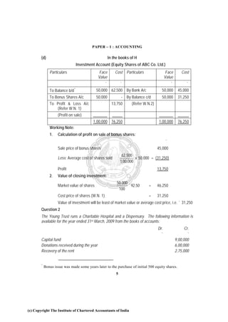 PAPER – 1 : ACCOUNTING

        (d)                                             In the books of H
                                    Investment Account (Equity Shares of ABC Co. Ltd.)
               Particulars                       Face       Cost Particulars                  Face      Cost
                                                Value                                        Value
                                                    `            `                               `         `
               To Balance b/d   *
                                               50,000 62,500 By Bank A/c                 50,000       45,000
               To Bonus Shares A/c             50,000            - By Balance c/d        50,000       31,250
               To Profit & Loss A/c                       13,750       (Refer W.N.2)
                   (Refer W.N. 1)
                    (Profit on sale)
                                             1,00,000 76,250                            1,00,000      76,250
               Working Note:
               1.   Calculation of profit on sale of bonus shares:
                                                                                             `
                    Sale price of bonus shares                                         45,000
                                                                  62,500
                    Less: Average cost of shares sold                     x 50,000 = (31,250)
                                                                 1,00,000
                    Profit                                                             13,750
               2.   Value of closing investment:
                                                             50,000
                    Market value of shares                          ´ 92.50      =     46,250
                                                              100
                    Cost price of shares (W.N. 1)                                =     31,250
                    Value of investment will be least of market value or average cost price, i.e. ` 31,250
        Question 2
        The Young Trust runs a Charitable Hospital and a Dispensary. The following information is
        available for the year ended 31st March, 2009 from the books of accounts:
                                                                                       Dr.                Cr.
                                                                                        `                  `
        Capital fund                                                                                 9,00,000
        Donations received during the year                                                           6,00,000
        Recovery of the rent                                                                         2,75,000


        *
            Bonus issue was made some years later to the purchase of initial 500 equity shares.
                                                             5




(c) Copyright The Institute of Chartered Accountants of India
 