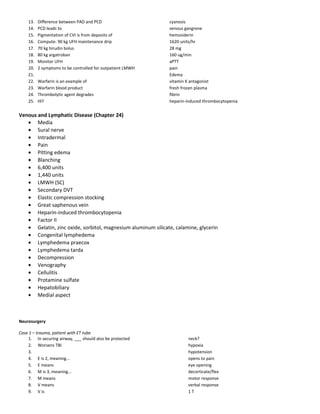 13. Difference between PAD and PCD cyanosis
14. PCD leads to venous gangrene
15. Pigmentation of CVI is from deposits of hemosiderin
16. Compute: 90 kg UFH maintenance drip 1620 units/hr
17. 70 kg hirudin bolus 28 mg
18. 80 kg argatroban 160 ug/min
19. Monitor UFH aPTT
20. 2 symptoms to be controlled for outpatient LMWH pain
21. Edema
22. Warfarin is an example of vitamin K antagonist
23. Warfarin blood product fresh frozen plasma
24. Thrombolytic agent degrades fibrin
25. HIT heparin-induced thrombocytopenia
Venous and Lymphatic Disease (Chapter 24)
• Media
• Sural nerve
• Intradermal
• Pain
• Pitting edema
• Blanching
• 6,400 units
• 1,440 units
• LMWH (SC)
• Secondary DVT
• Elastic compression stocking
• Great saphenous vein
• Heparin-induced thrombocytopenia
• Factor II
• Gelatin, zinc oxide, sorbitol, magnesium aluminum silicate, calamine, glycerin
• Congenital lymphedema
• Lymphedema praecox
• Lymphedema tarda
• Decompression
• Venography
• Cellulitis
• Protamine sulfate
• Hepatobiliary
• Medial aspect
Neurosurgery
Case 1 – trauma, patient with ET tube
1. In securing airway, ___ should also be protected neck?
2. Worsens TBI hypoxia
3. hypotension
4. E is 2, meaning... opens to pain
5. E means eye opening
6. M is 3, meaning... decorticate/flex
7. M means motor response
8. V means verbal response
9. V is 1 T
 