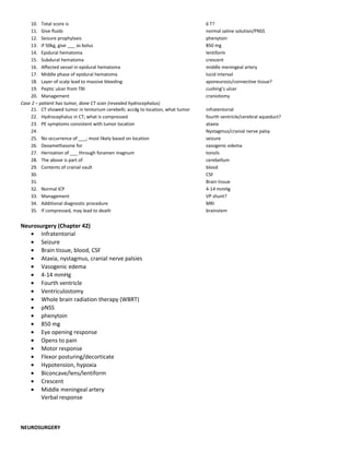 10. Total score is 6 T?
11. Give fluids normal saline solution/PNSS
12. Seizure prophylaxis phenytoin
13. If 50kg, give ___ as bolus 850 mg
14. Epidural hematoma lentiform
15. Subdural hematoma crescent
16. Affected vessel in epidural hematoma middle meningeal artery
17. Middle phase of epidural hematoma lucid interval
18. Layer of scalp lead to massive bleeding aponeurosis/connective tissue?
19. Peptic ulcer from TBI cushing’s ulcer
20. Management craniotomy
Case 2 – patient has tumor, done CT scan (revealed hydrocephalus)
21. CT showed tumor in tentorium cerebelli; accdg to location, what tumor infratentorial
22. Hydrocephalus in CT; what is compressed fourth ventricle/cerebral aqueduct?
23. PE symptoms consistent with tumor location ataxia
24. Nystagmus/cranial nerve palsy
25. No occurrence of ___; most likely based on location seizure
26. Dexamethasone for vasogenic edema
27. Herniation of ___ through foramen magnum tonsils
28. The above is part of cerebellum
29. Contents of cranial vault blood
30. CSF
31. Brain tissue
32. Normal ICP 4-14 mmHg
33. Management VP shunt?
34. Additional diagnostic procedure MRI
35. If compressed, may lead to death brainstem
Neurosurgery (Chapter 42)
• Infratentorial
• Seizure
• Brain tissue, blood, CSF
• Ataxia, nystagmus, cranial nerve palsies
• Vasogenic edema
• 4-14 mmHg
• Fourth ventricle
• Ventriculostomy
• Whole brain radiation therapy (WBRT)
• pNSS
• phenytoin
• 850 mg
• Eye opening response
• Opens to pain
• Motor response
• Flexor posturing/decorticate
• Hypotension, hypoxia
• Biconcave/lens/lentiform
• Crescent
• Middle meningeal artery
Verbal response
NEUROSURGERY
 