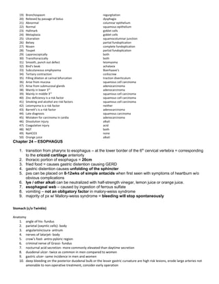 19) Bronchospasm regurgitation
20) Relieved by passage of bolus dysphagia
21) Abnormal columnar epithelium
22) Normal squamous epithelium
23) Hallmark goblet cells
24) Metaplasia goblet cells
25) Ulceration squamocolumnar junction
26) Belsey partial fundoplication
27) Nissen complete fundoplication
28) Toupet partial fundoplication
29) Laparoscopically both
30) Transthoracically both
31) Smooth, punch out defect leiomyoma
32) Bird’s beak achalasia
33) Subcutaneous emphysema Boerhaave’s
34) Tertiary contraction corkscrew
35) Filling dilation at carinal bifurcation traction diverticulum
36) Arise from mucosa squamous cell carcinoma
37) Arise from submucosal glands adenocarcinoma
38) Mainly in lower 3rd
adenocarcinoma
39) Mainly in middle 3rd
squamous cell carcinoma
40) Zinc deficiency is a risk factor squamous cell carcinoma
41) Smoking and alcohol are risk factors squamous cell carcinoma
42) Leiomyoma is a risk factor neither
43) Barrett’s is a risk factor adenocarcinoma
44) Late diagnosis squamous carcinoma
45) Mistaken for carcinoma in cardia adenocarcinoma
46) Dissolution injury alkali
47) Coagulative injury acid
48) NGT both
49) NaHCO3 none
50) Orange juice alkali
Chapter 24 – ESOPHAGUS
1. transition from pharynx to esophagus – at the lower border of the 6th
cervical vertebra = corresponding
to the cricoid cartilage anteriorly
2. thoracic portion of esophagus = 20cm
3. fried food = causes gastric distention causing GERD
4. gastric distention causes unfolding of the sphincter
5. pxs can be placed on 8-12wks of simple antacids when first seen with symptoms of heartburn w/o
obvious complications
6. lye / other alkali can be neutralized with half-strength vinegar, lemon juice or orange juice.
7. esophageal web – caused by ingestion of ferrous sulfate
8. vomiting – not an obligatory factor in malory-weiss syndrome
9. majority of px w/ Mallory-weiss syndrome = bleeding will stop spontaneously
Stomach (c/o Twinkle)
Anatomy
1. angle of his- fundus
2. parietal (oxyntic cells)- body
3. angularisincisura- antrum
4. nerves of latarjet- body
5. crow’s foot- antro-pyloric region
6. criminal nerve of Grassi- fundus
7. nocturnal acid secretion- more commonly elevated than daytime secretion
8. duodenal ulcer- twice as common in men compared to women
9. gastric ulcer- same incidence in men and women
10. deep bleeding on the posterior duodenal bulb or the lesser gastric curvature are high risk lesions, erode large arteries not
amenable to non-operative treatment, consider early operation
 