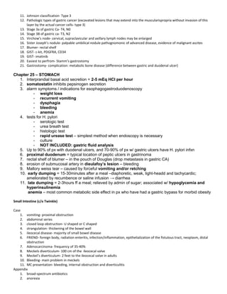 11. Johnson classification- Type 3
12. Pathologic types of gastric cancer (excavated lesions that may extend into the muscularispropria without invasion of this
layer by the actual cancer cells- type 3)
13. Stage 3a of gastric Ca- T4, N0
14. Stage 3B of gastric ca- T3, N2
15. Virchow’s node- cervical, supraclavicular and axillary lymph nodes may be enlarged
16. Sister Joseph’s nodule- palpable umbilical nodule pathognomonic of advanced disease, evidence of malignant ascites
17. Blumer- rectal shelf
18. GIST- c-kit, PDGFRA, CD34
19. GIST- imatinib
20. Easiest to perfrom- Stamm’s gastrostomy
21. Gastrostomy- complication: metabolic bone disease (difference between gastric and duodenal ulcer)
Chapter 25 – STOMACH
1. Interprandial basal acid secretion = 2-5 mEq HCl per hour
2. somatostatin inhibits pepsinogen secretion
3. alarm symptoms / indications for esophagogastroduodenoscopy
- weight loss
- recurrent vomiting
- dysphagia
- bleeding
- anemia
4. tests for H. pylori
- serologic test
- urea breath test
- histologic test
- rapid urease test – simplest method when endoscopy is necessary
- culture
- NOT INCLUDED: gastric fluid analysis
5. Up to 90% of px with duodenal ulcers, and 70-90% of px w/ gastric ulcers have H. pylori infxn
6. proximal duodenum = typical location of peptic ulcers in gastrinoma
7. rectal shelf of blumer – in the pouch of Douglas (drop metastasis in gastric CA)
8. erosion of submucosal artery in dieulafoy’s lesion – bleeding
9. Mallory weiss tear – caused by forceful vomiting and/or retching
10. early dumping = 15-30minutes after a meal –diaphoretic, weak, light-headd and tachycardic;
ameliorated by recumbence or saline infusion → diarrhea
11. late dumping = 2-3hours ff a meal; relieved by admin of sugar; associated w/ hypoglycemia and
hyperinsulinemia
anemia – most common metabolic side effect in px who have had a gastric bypass for morbid obesity
Small Intestine (c/o Twinkle)
Case
1. vomiting- proximal obstruction
2. abdominal series
3. closed loop obstruction- U shaped or C shaped
4. strangulation- thickening of the bowel wall
5. ileocecal disease- majority of small bowel disease
6. FRIEND- foreign body, radiation enteritis, infection/inflammation, epithelialization of the fistulous tract, neoplasm, distal
obstruction
7. Adenocarcinoma- frequency of 35-40%
8. Meckels diverticulum- 100 cm of the ileocecal valve
9. Meckel’s diverticulum- 2 feet to the ileocecal valve in adults
10. Bleeding- main problem in meckels
11. MC presentation- bleeding, internal obstruction and diverticulitis
Appendix
1. broad-spectrum antibiotics
2. anorexia
 