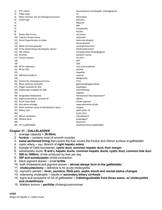 1) PTC means percutaneous transhepatic cholangiogram
2) HIDA route IV
3) Most common site of cholangiocarcinoma bifurcation
4) Child Pugh bilirubin
5) Albumin
6) INR
7) Encephalitis
8) Ascites
9) Stone after 6 mos recurrent
10) Tubular, brown stone retained?
11) Portal hypertension in males testicular atrophy
12) Gynecomastia
13) Most common parasite ascaris/clonorchis?
14) Tx for penetrating extrahepatic injury? Cholecystectomy?
15) IOC means intraoperative cholangiogram
16) Perihilar klatskin’s tumor
17) Tumor markers CA 19-9
18) AFP
19) CEA
20) RF for adenoma oral contraceptives
21) RF for HCC alcohol
22) Hepatitis
23) Adenoma leads to rupture
24) Malignancy
25) Chemo for cholangiocarcinoma 5-FU
26) Most common mortality gastroesophageal bleed
27) Organ involved for #26 esophagus
28) Endoscopic modality for #26 sclerotherapy
29) Ligation
30) Sengstaken-blakemore hemostasis? Decompression?
31) Sugiura procedure, removal of spleen
32) Stone least likely brown pigment
33) Any stone etiology supersaturation of bile
34) Most common cause of extrahepatic injury surgery
35) Biliary colic obstruction of
36) Cystic duct
37) Mirizzi syndrome infundibulum
38) Dilated veins esophagus?
39) Stomach?
40) Air in gallbladder emphysematous gallbladder
Chapter 31 – GALLBLADDER
1. average capacity = 30-50mL
2. fundus – contains most of smooth muscles
3. same peritoneal lining that covers the liver covers the fundus and inferior surface of gallbladder
4. cystic artery – usu. Branch of right hepatic artery
5. triangle of Calot boundaries: cystic duct, common hepatic duct, liver margin
6. extrahepatic ducts: R and L hepatic ducts, common hepatic ducts, cystic duct, common bile duct
7. 500 to 1000mL of bile produced by liver per day
8. VIP and somatostatin inhibit contraction
9. black pigment stones – small brittle
10. both cholesterol and pigment stones – almost always form in the gallbladder
11. cholecystectomy – definitive tx for acute cholecystitis
12. reynold’s pentad – fever, jaundice, RUQ pain, septic shock and mental status changes
13. sclerosing cholangitis – results in secondary biliary cirrhosis
14. signs and symptoms of CA of gallbladder – indistinguishable from those assoc. w/ cholecystitis
and cholelithiasis
15. Klatskin tumors – perihilar cholangiocarcinomas
LIVER
Origin of hepatic a.: celiac trunk
 