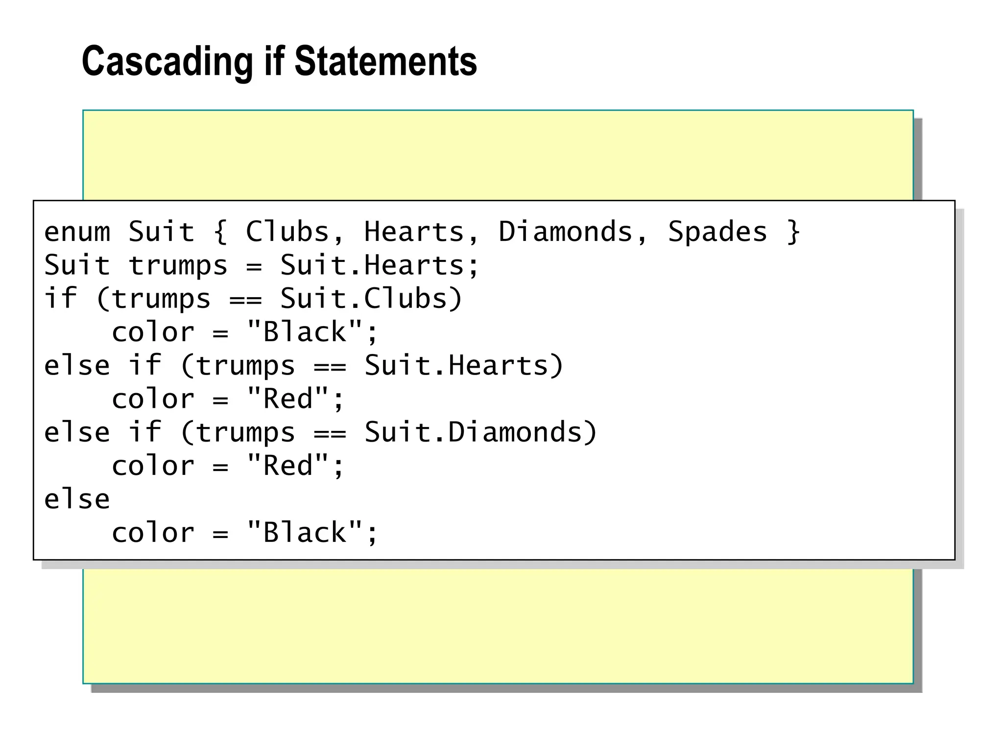 Cascading if Statements
enum Suit { Clubs, Hearts, Diamonds, Spades }
Suit trumps = Suit.Hearts;
if (trumps == Suit.Clubs)
color = "Black";
else if (trumps == Suit.Hearts)
color = "Red";
else if (trumps == Suit.Diamonds)
color = "Red";
else
color = "Black";
 