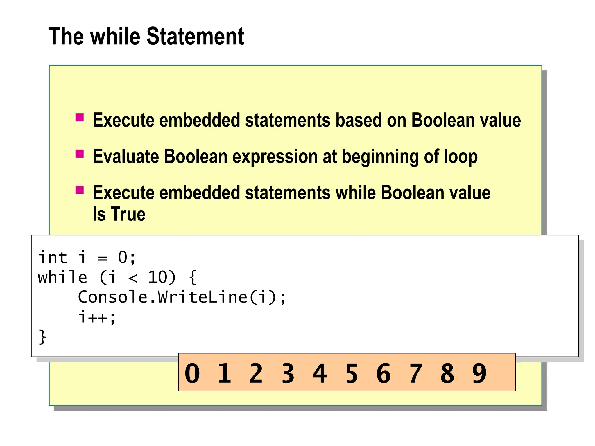 The while Statement
 Execute embedded statements based on Boolean value
 Evaluate Boolean expression at beginning of loop
 Execute embedded statements while Boolean value
Is True
int i = 0;
while (i < 10) {
Console.WriteLine(i);
i++;
}
0 1 2 3 4 5 6 7 8 9
 